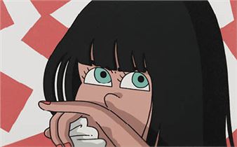 A close-up of a figure with wide eyes and long black hair, holding a white cloth to their mouth against a red-and-white geometric background.
