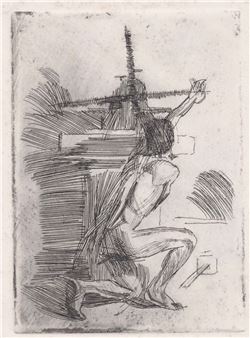 A monochromatic etching of a nude figure kneeling in front of a windmill.