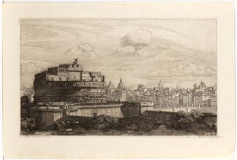 A detailed etching of a fortified hilltop structure overlooking a sprawling cityscape under a cloudy sky.