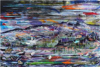 A vibrant abstract landscape featuring a mountain range under a dynamic sky.