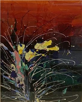 A vibrant abstract floral arrangement with bold strokes of yellow, blue, and red against a dark background.