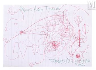 A chaotic red ink sketch on lined paper featuring abstract shapes, arrows, and scribbles.