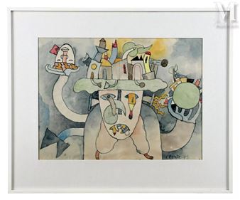 A surreal watercolor portrait of a face with a floating cityscape on its head.