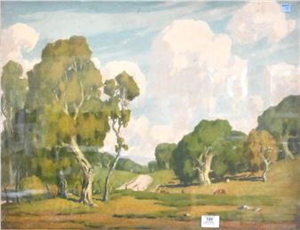 A pastoral landscape painting featuring rolling hills, scattered trees, and a bright sky.