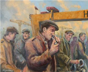 A group of workers in industrial attire gather under a large yellow crane, with one figure smoking a cigarette.