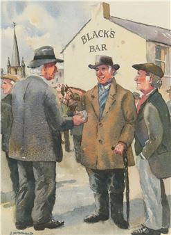 A group of men in hats and coats stand near a building labeled 'Black's Bar' in an outdoor scene.