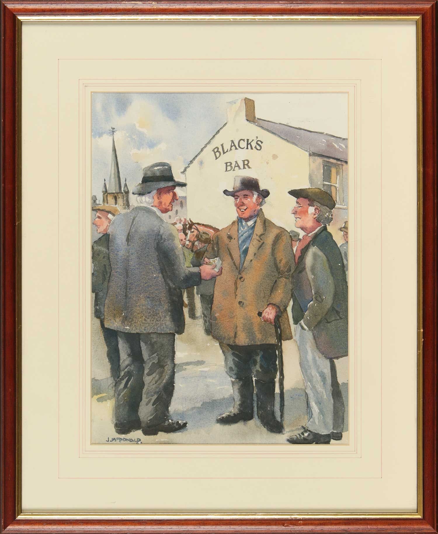 A group of men in hats and coats stand near a building labeled 'Black's Bar' in an outdoor scene.