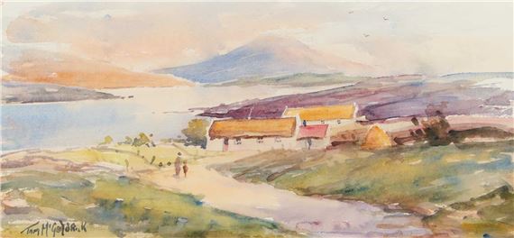 A watercolor landscape of a lakeside village with rolling hills and distant mountains.