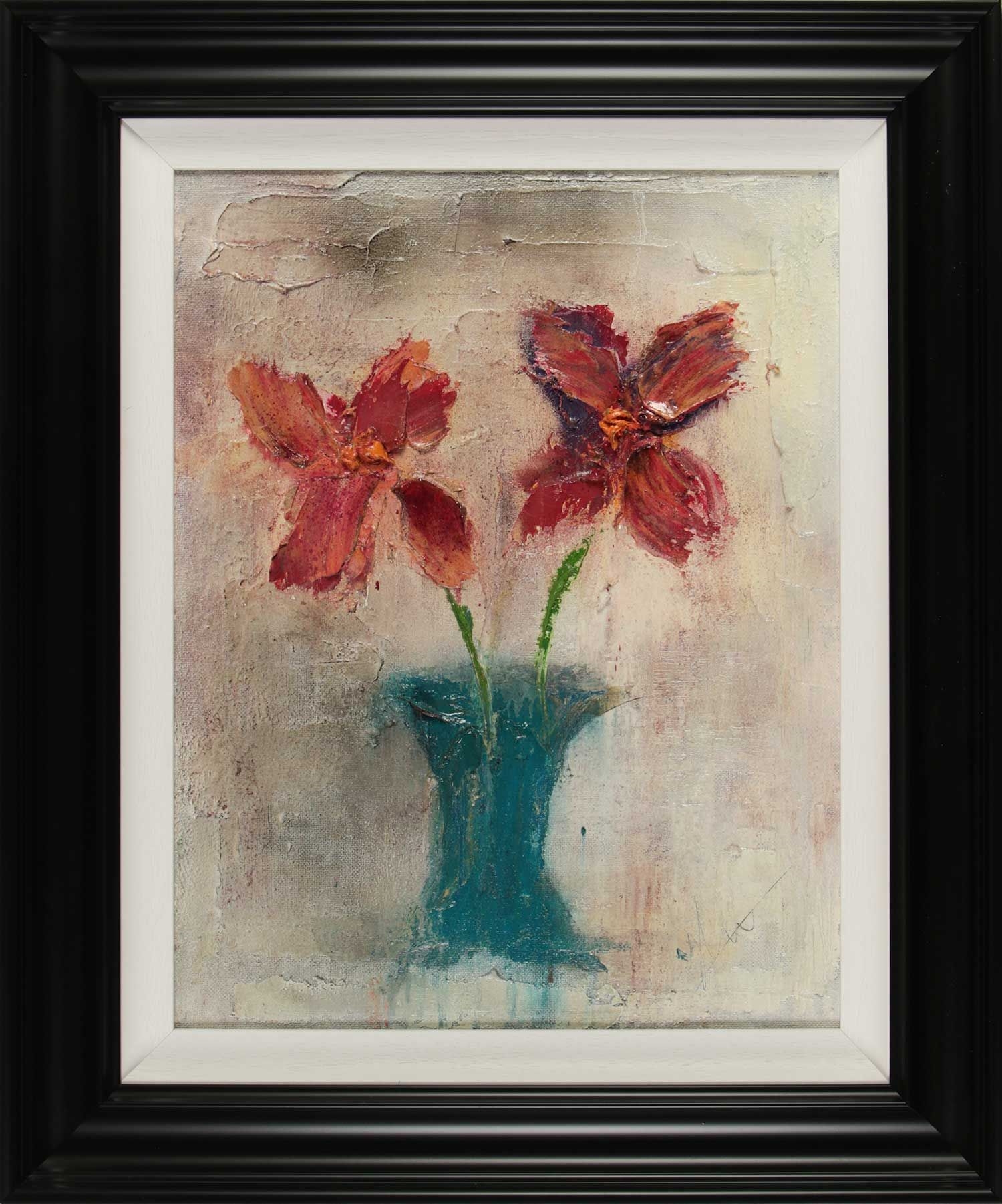 Colin Flack | STRAWBERRY COLOURED FLOWERS IN A TEAL VASE | MutualArt