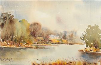 A watercolor landscape of a river scene with autumnal trees and distant houses.