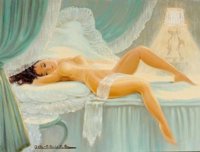 A classical painting of a nude figure reclining on a bed with ruffled linens and sheer curtains.
