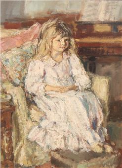 A soft, impressionistic portrait of a young figure in white sitting on a patterned chair.