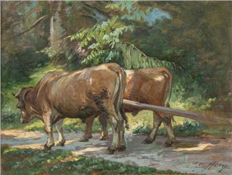 "A rustic oil painting of two brown oxen yoked together in a sunlit forest path."