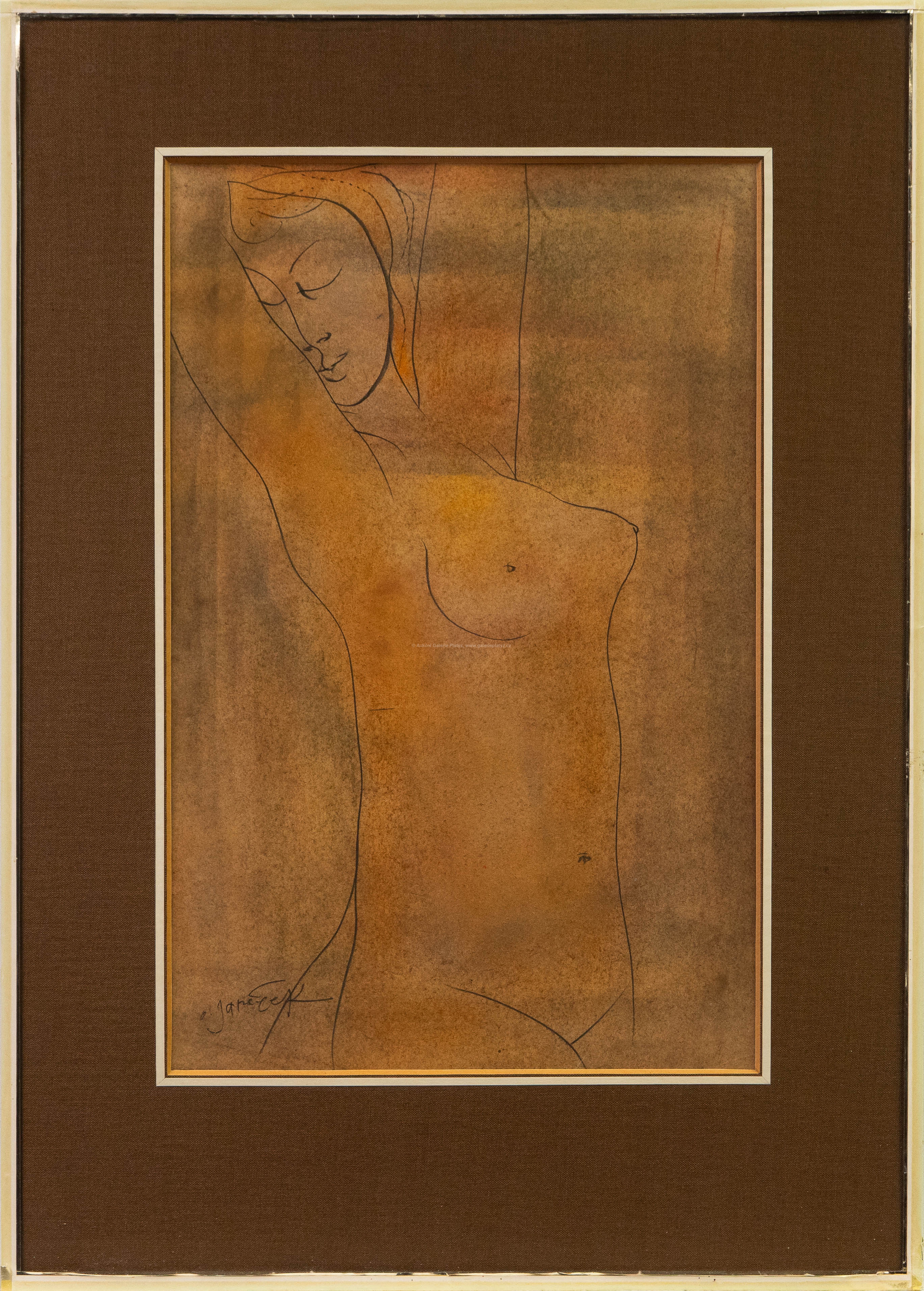 A minimalist line drawing of a reclining figure against a textured, warm-toned background.