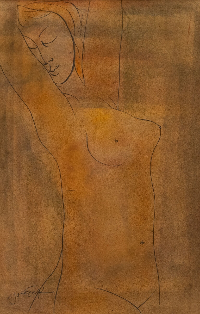 A minimalist line drawing of a reclining figure against a textured, warm-toned background.