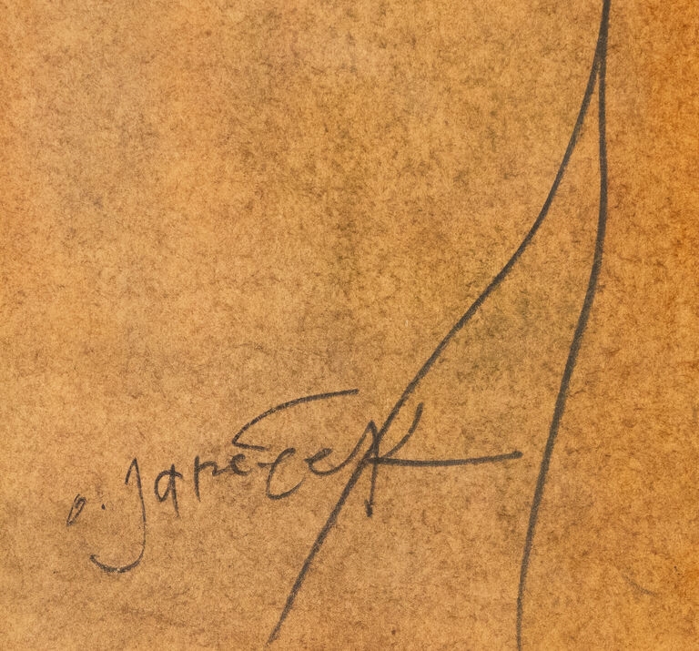 A minimalist line drawing of a reclining figure against a textured, warm-toned background.