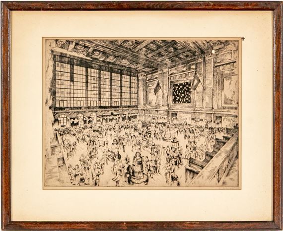 A detailed etching of a crowded, high-ceilinged hall filled with figures.