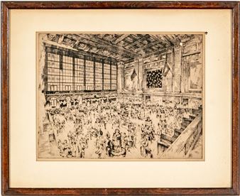 A detailed etching of a crowded, high-ceilinged hall filled with figures.