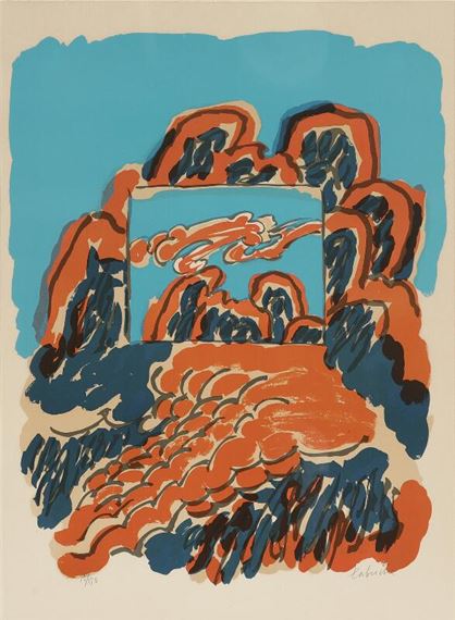 A bold graphic print of a stylized landscape featuring orange rock formations against a blue sky.