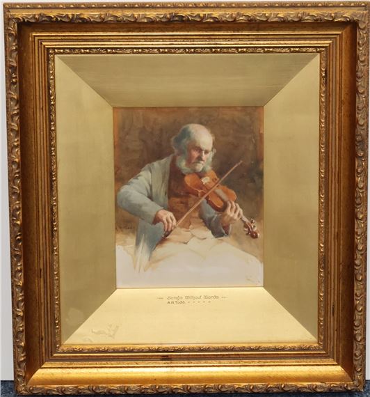 A framed portrait of an elderly man playing the violin.