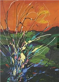 An abstract landscape painting featuring a vibrant orange sky and a wild, colorful foreground.