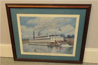 A framed watercolor painting of a paddlewheel riverboat on a calm river.