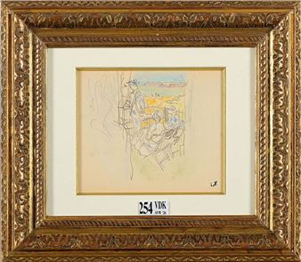 A framed sketch of a café scene with figures at tables.