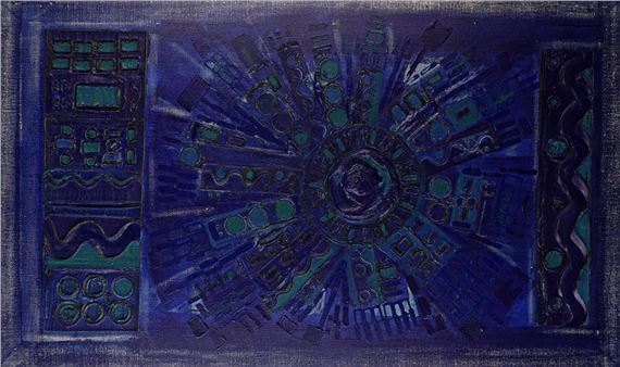 A dark blue and green abstract composition featuring a central radial burst pattern flanked by vertical panels of geometric shapes.