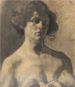 A monochromatic charcoal study of a figure with dark, wavy hair and an exposed shoulder.