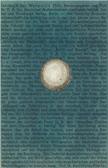 A vintage book cover featuring a central metallic sphere against a text-filled background.