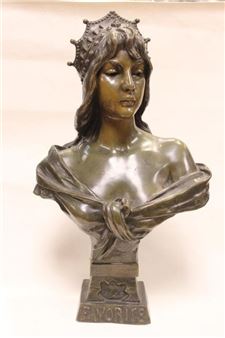 A bronze bust of a crowned woman with a draped garment, resting on a rectangular base.
