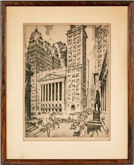 A detailed etching of a bustling city street scene dominated by classical architecture and towering skyscrapers.