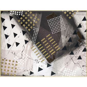 A geometric abstract composition featuring a mosaic of black triangles, gold squares, and white dots on a textured background.