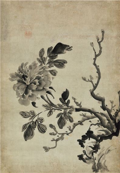 A traditional ink painting of a blooming flower and bare branches on aged paper.