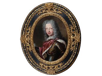 A formal portrait of a figure in armor within an ornate oval frame.
