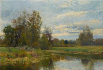A serene landscape painting of a riverbank under a cloudy sky.