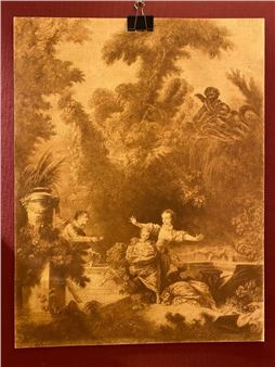 A sepia-toned classical drawing of figures in a lush, wooded landscape.