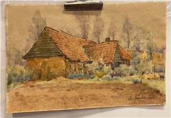 A watercolor landscape of rustic cottages in a hazy countryside.