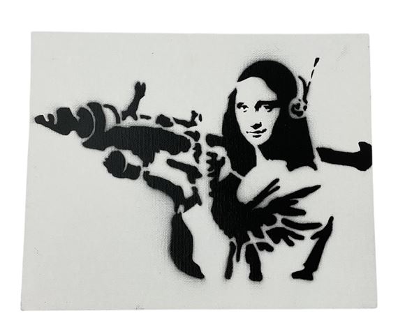 A black stencil artwork of a woman holding a large gun, set against a plain background.
