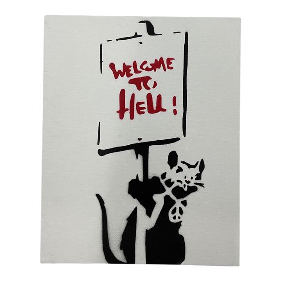 A black-and-white stencil print of a figure holding a sign that reads 'Welcome to Hell' with a cat peeking from behind.
