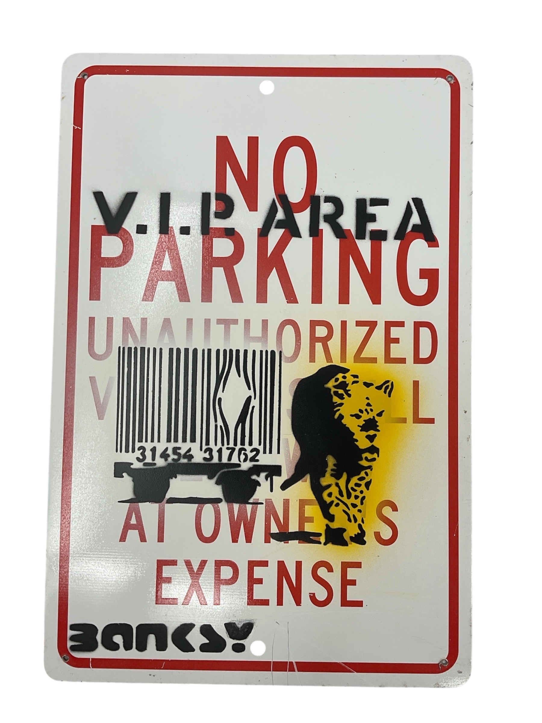A stylized parking sign featuring a black-and-yellow dog silhouette and a barcode.