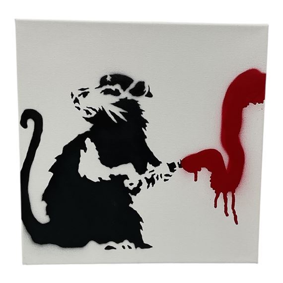 A black rat figure holding a dripping red object against a stark white background.