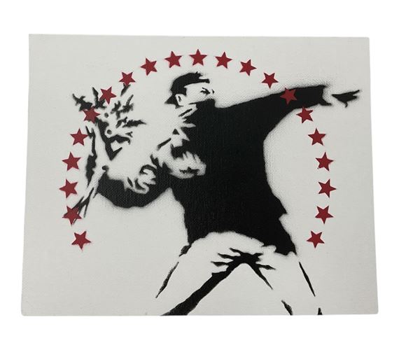 A stencil-style figure throwing an object surrounded by red stars.
