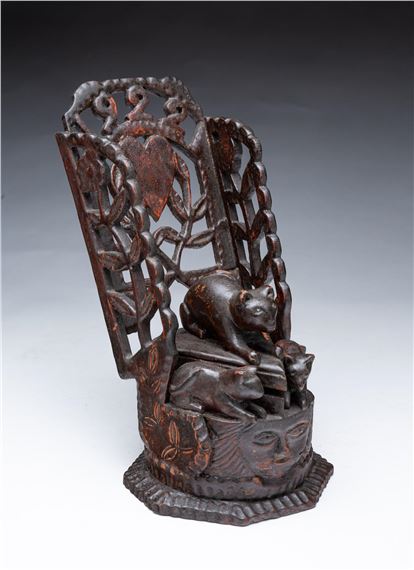UNUSUAL FOLK ART CARVED, PIERCED WOOD, AND PAINTED INKWELL DECORATED WITH CATS, HEARTS, AND DATED 1922 - American School, 20th Century