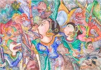 A vibrant, chaotic scene of mythological figures in a dense, layered composition.