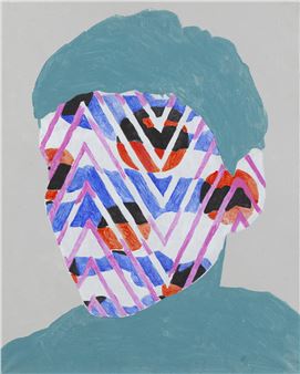 A stylized portrait of a person with short hair, whose face is covered in colorful geometric patterns.