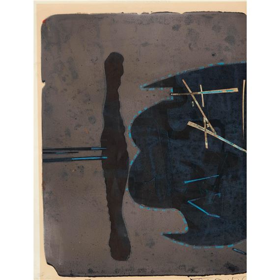 An abstract composition featuring a dark silhouette and fragmented geometric shapes against a textured gray background.