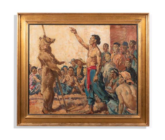 A dramatic scene of a bear taming ceremony with an audience watching intently.