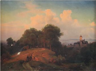 A romanticized landscape painting featuring a castle on a hill, a winding path with figures, and a dramatic sky.