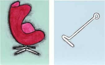 A split-panel artwork contrasting a bold, red chair with a minimalist white line drawing of a similar form.